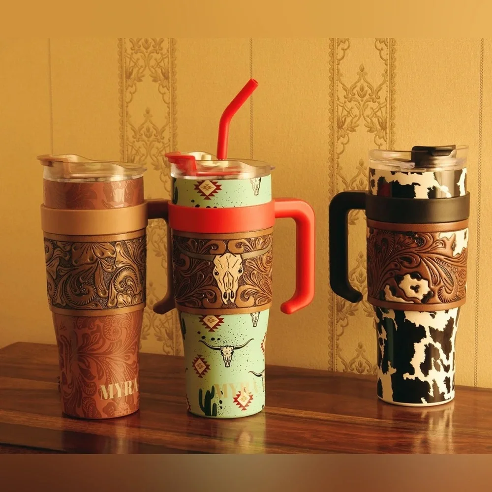 NWT Myra Cow Print Travel Mug with Brown Lid and Handle Hand Tooled Leather Wrap - Picture 6 of 6